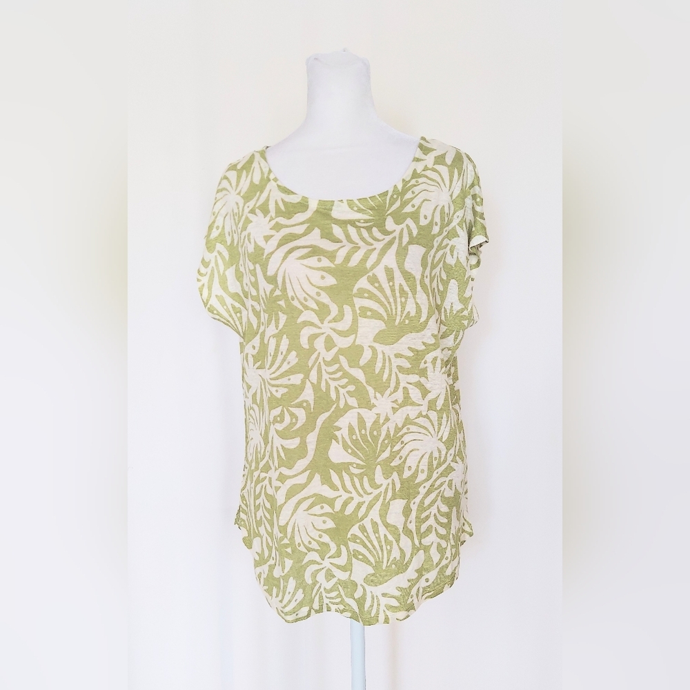 Rachel Zoe Short Sleeve Floral Top Shirt 100% Linen Green Ivory Size Large